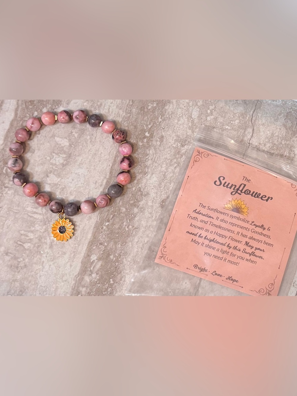 Sunflower Charm Pink & Gray Beaded Stretch Bracelet